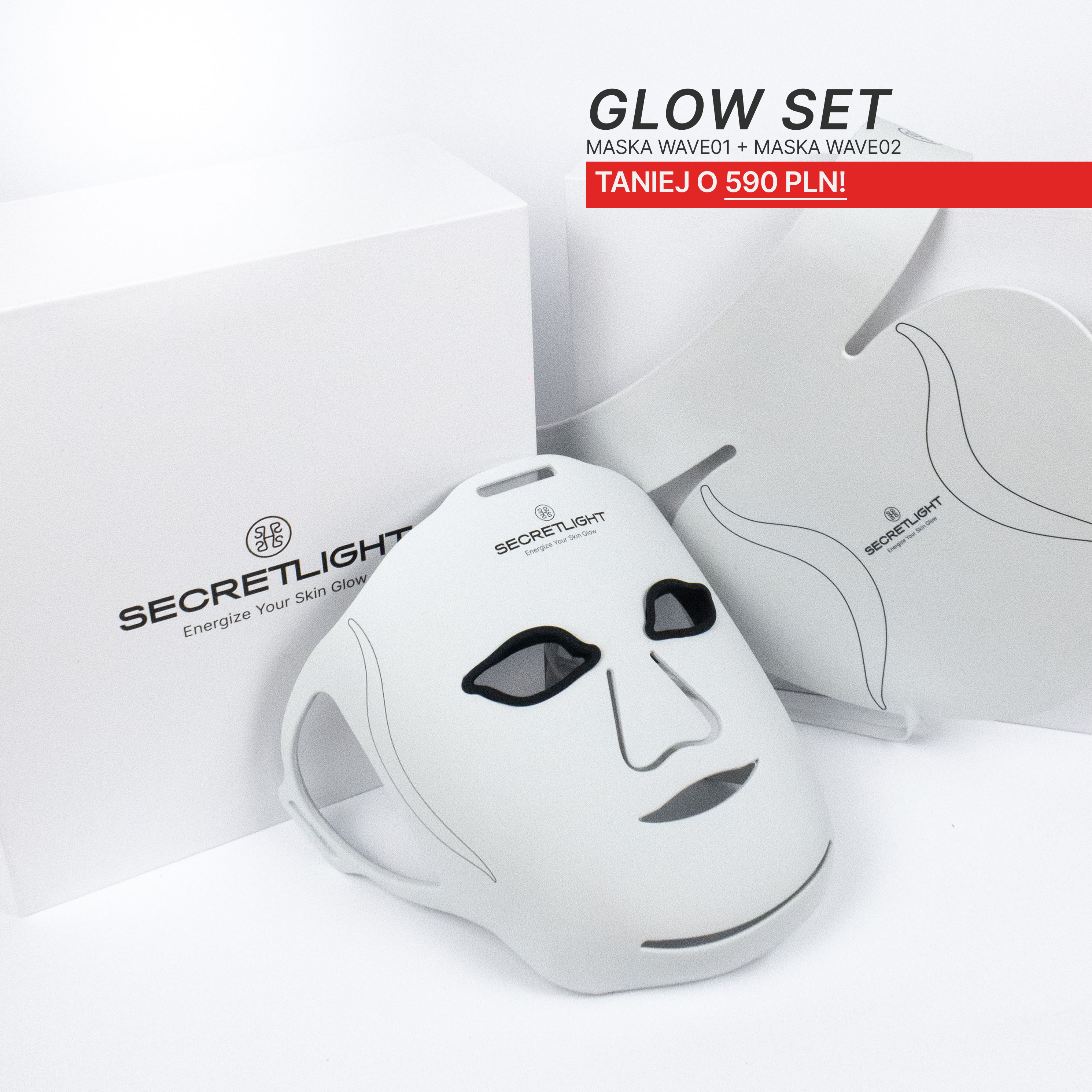 GLOW SET: Maska na twarz do terapii LED WAVE 01 + Maska na szyję i dekolt do terapii LED WAVE02