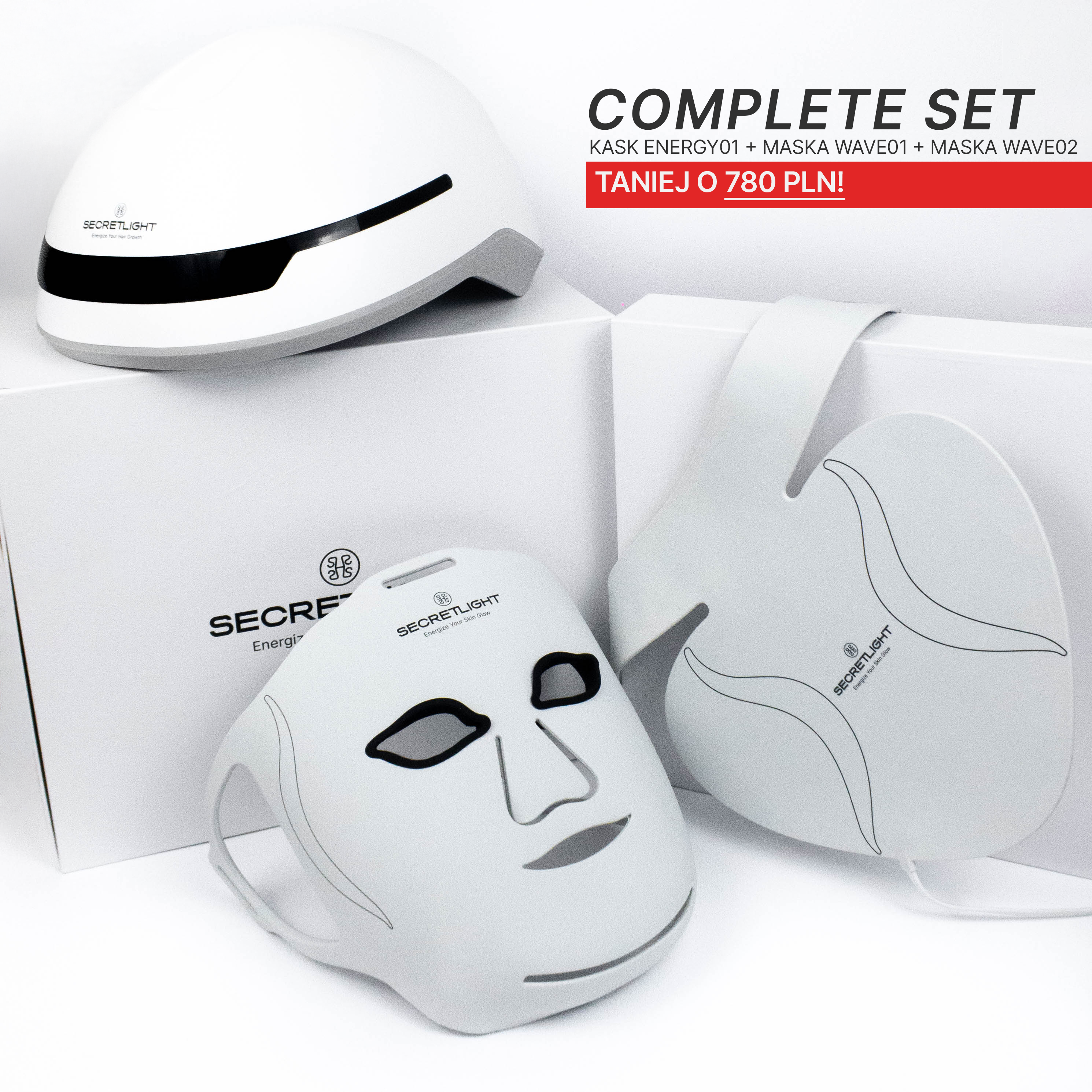 COMPLETE SET: Kask laserowy stymulujący wzrost włosów ENERGY01 + Maska na twarz do terapii LED WAVE 01 + Maska na szyję i dekolt do terapii LED WAVE02
